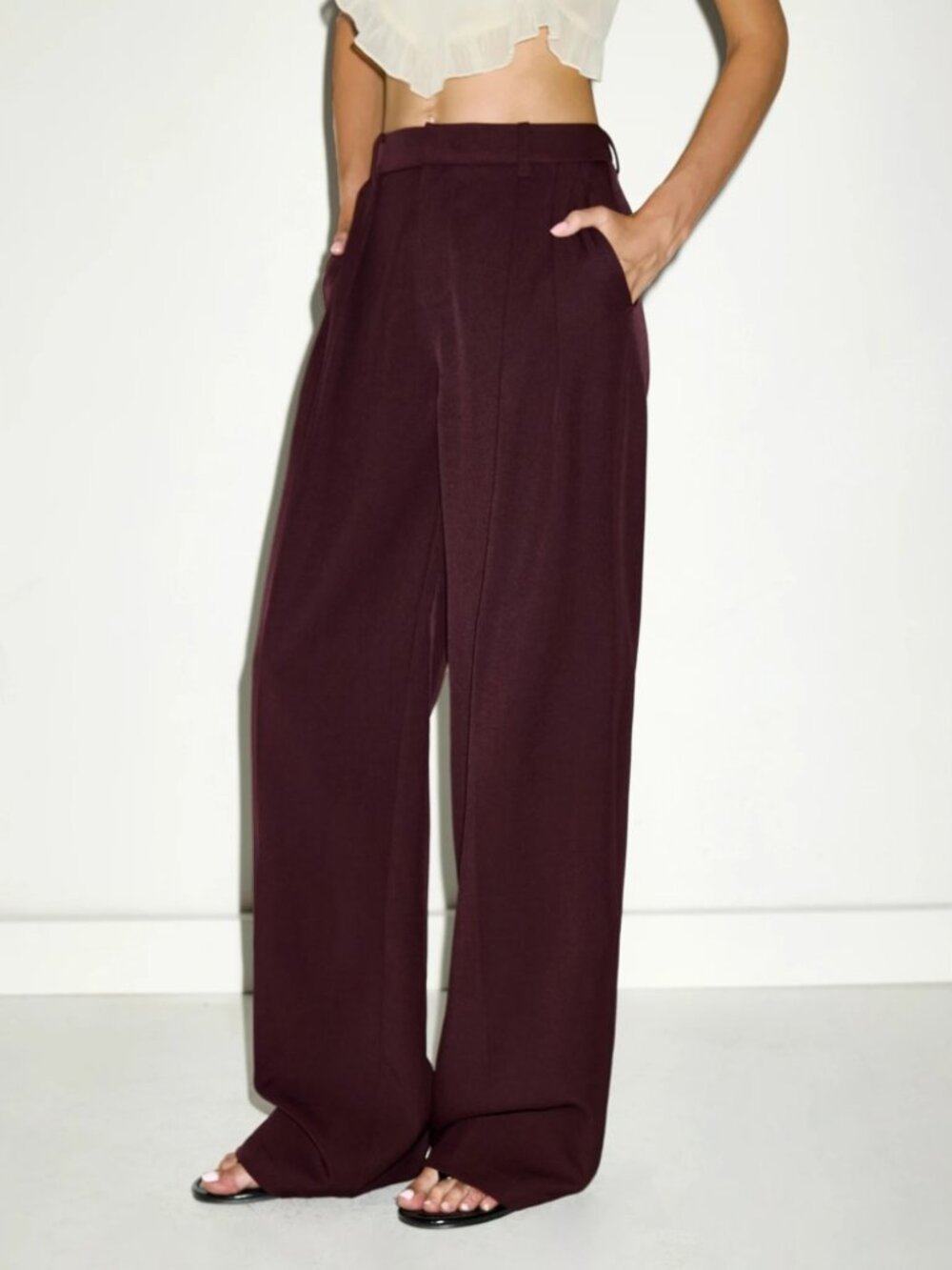 Burgundy Brown Pleated Wide Leg Trouser Pants